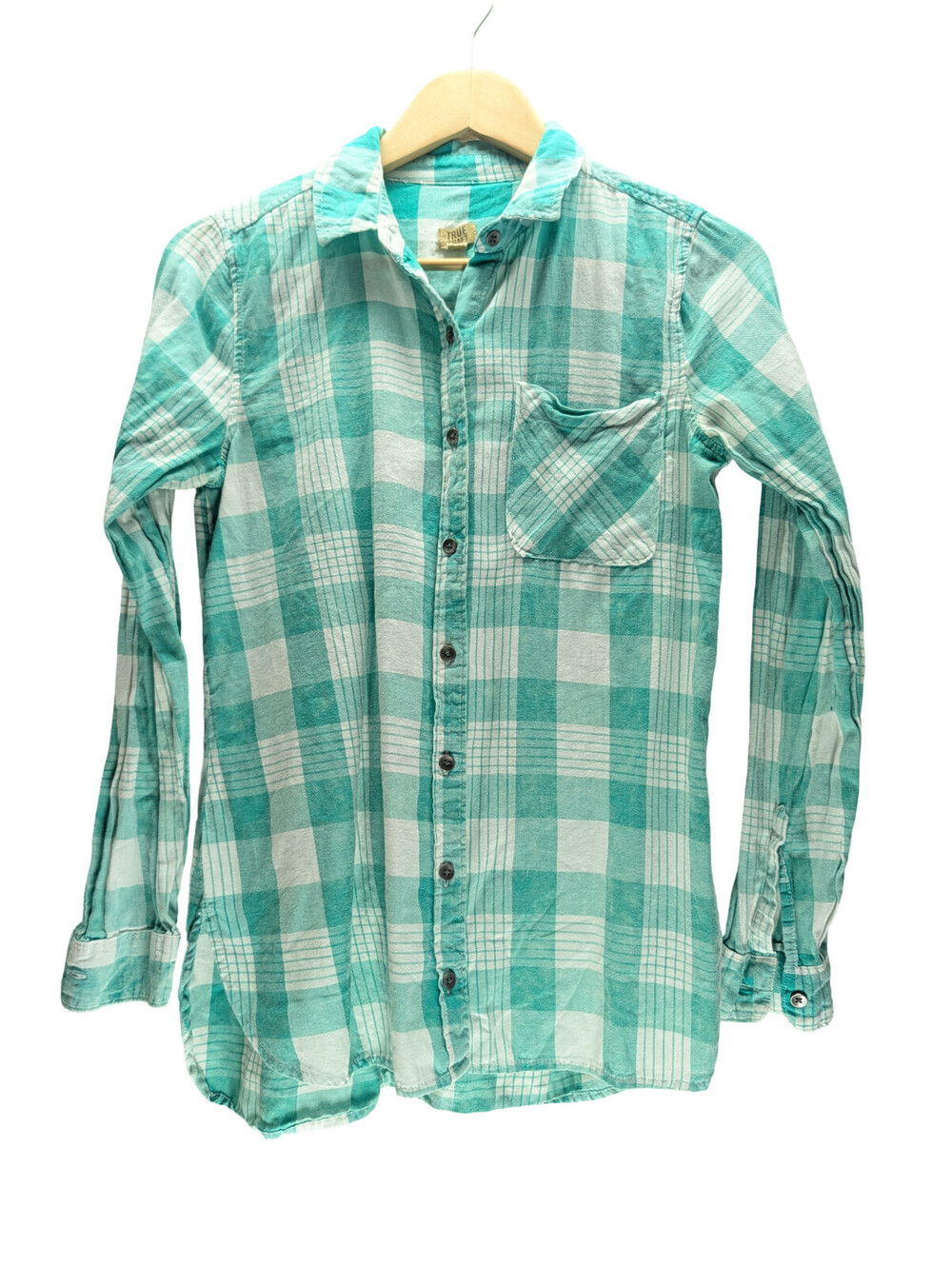 True Craft Button Down Shirt Men Plaid Long Sleeve Teal